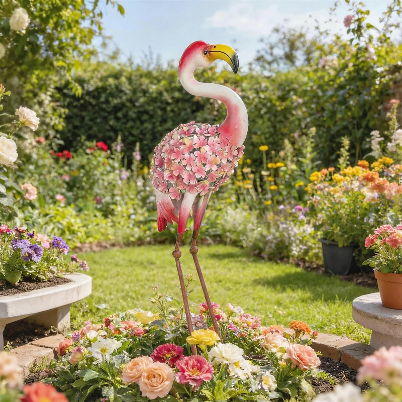 Outsunny Statue de Jardin Flamant Rose, Sculpture d'Oiseau en Métal avec Plumes Florales, 28 x 19 x 83 cm, Rouge