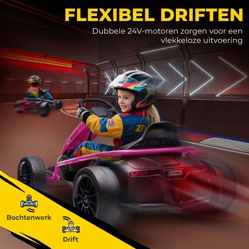 HOMCOM 24 V Elektrisch Go-Kart voor Kinderen tot 13 km/u Gokart met Driftfunctie, Drift-Kart met 2 Motoren voor 8–12 Jaar Roze