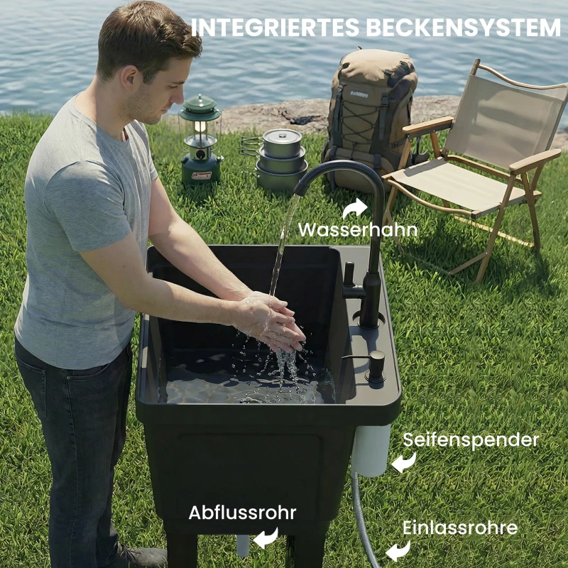 Outsunny Tragbares Camping-Waschbecken mit Seifenspender, Wasserhahn, Einlass- und Ablaufschläuchen, Schwarz
