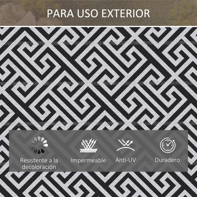 Outsunny Alfombra de Exterior Reversible 182x274 cm con Patrón Geométrico Acabado Impermeable Blanco y Negro