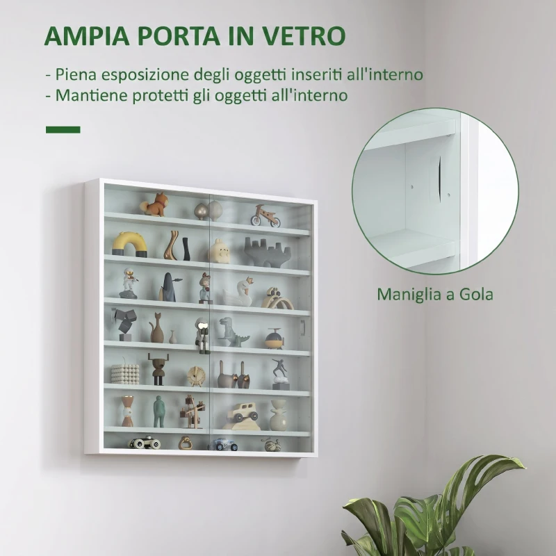 HOMCOM Bacheca Portaoggetti a 5 Ripiani Regolabili in Legno con Ante in Vetro, 80x9.5x83 cm, Bianco