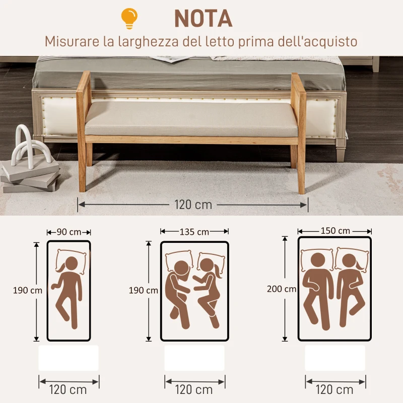 HOMCOM Panca Fondo Letto Boho con Seduta Imbottita e Braccioli in Legno e Rattan, 120x38x61.5cm, Crema