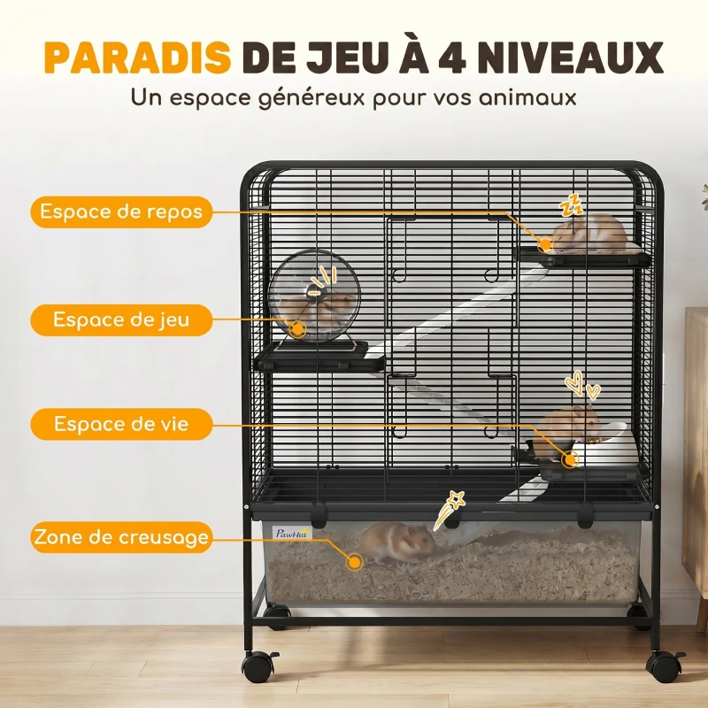 PawHut Cage pour Rongeurs sur Roulantes, 4 Niveaux, 3 Plateformes, 3 Rampes, Bouteille d'Eau, 75x46x94,5cm, Noir