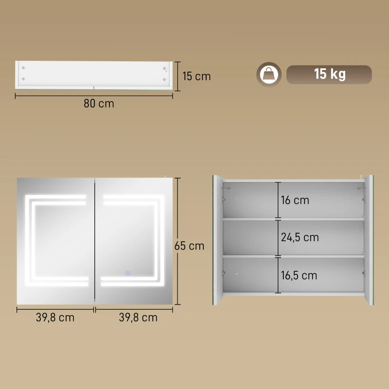 kleankin Armário Casa de Banho com Espelho e Luz LED Interruptor Tátil e Cor da Luz Ajustável 80x15x65 cm Branco Brilhante