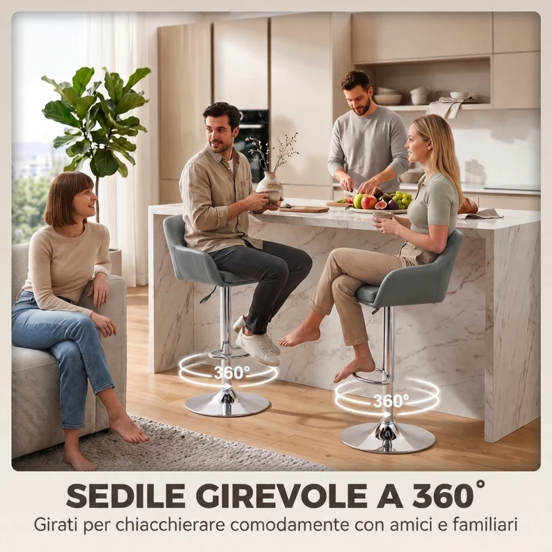 HOMCOM Set 2 Sgabelli Bar Girevoli in Velluto con Altezza Regolabile, Poggiapiedi, Schienale, Base in Metallo, Grigio
