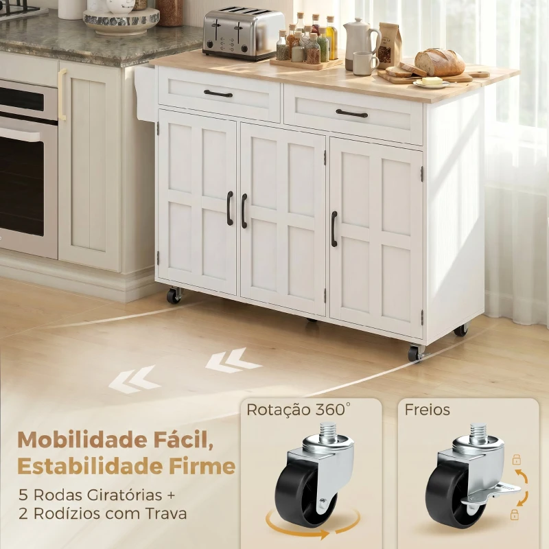 Ilha de Cozinha com Rodas HOMCOM e Tampo Extensível, 2 Gavetas, 3 Armários, Compartimentos na Porta e Toalheiro, Branco