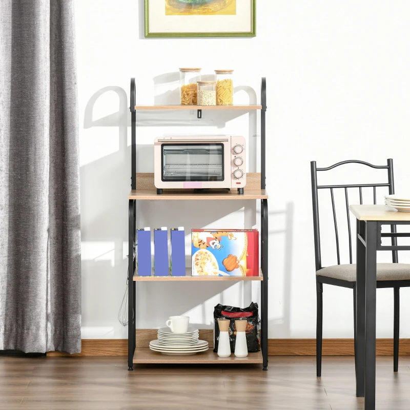 HOMCOM Mobiletto Microonde da Cucina con 4 Ripiani e 4 Ganci, in Acciaio e Legno, 60x40x125 cm, Color Legno