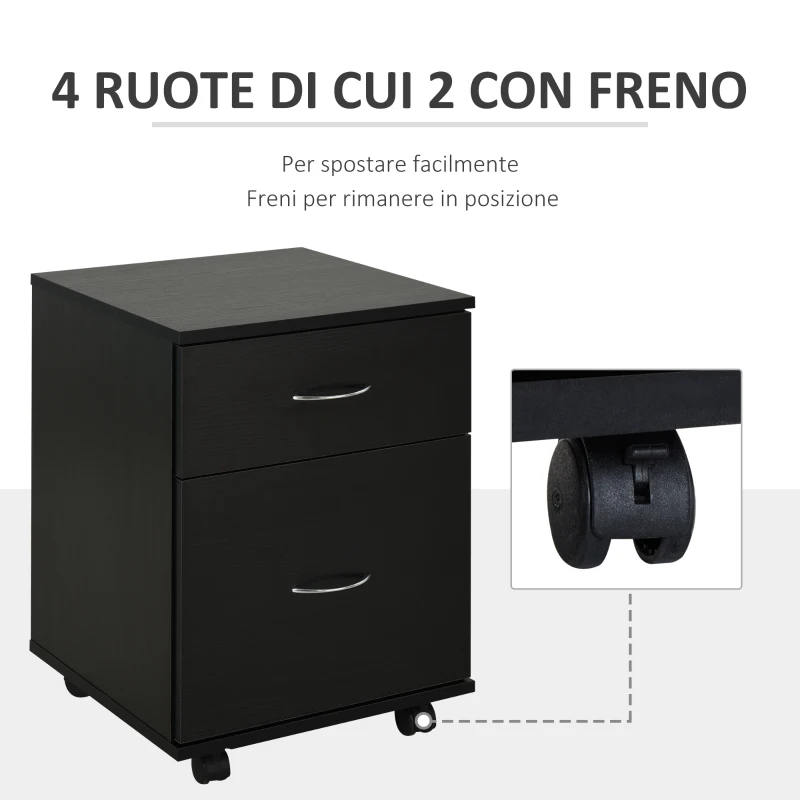 HOMCOM Cassettiera Ufficio e Casa 2 Cassetti e Ruote con Freno in Legno Nero