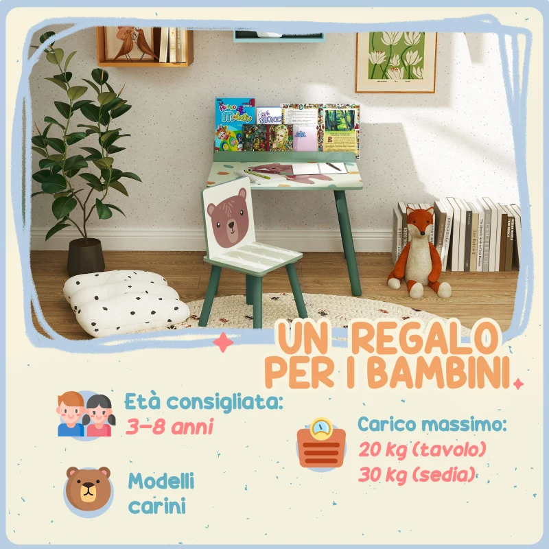 AIYAPLAY Set Sedia e Tavolino per Bambini con Ripiano Portaoggetti, in MDF e Legno di Pino, Verde