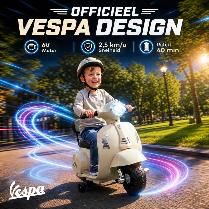 AIYAPLAY Elektrische kindermotor Mini Vespa GTS 6V met lithiumaccu, ergonomische zitting en rugleuning, 1,5-3 jaar