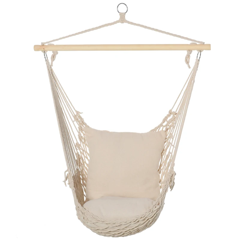 Outsunny Fauteuil suspendu extérieur et intérieur chaise hamac balançoire avec coussins, tissage en coton, charge 120 Kg, blanc