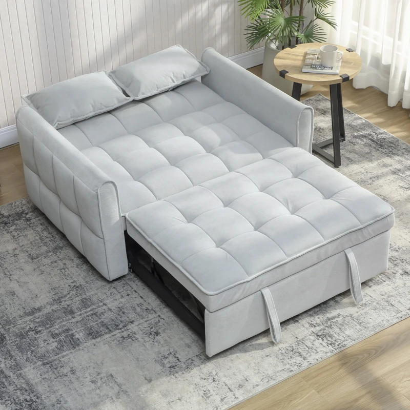HOMCOM 2 Seater Sofa Bed, 3-in-1 Convertible Sleeper Sofa with Click-clack Adjustable Backrest and 2 Pillows, Light Grey