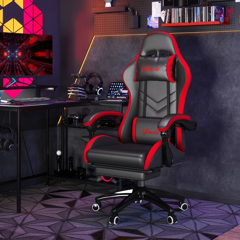 Vinsetto Silla Gaming de Cuero Sintético Reclinable 135° Reposacabezas y Reposapiés 65x65x121-129cm Negro y Rojo