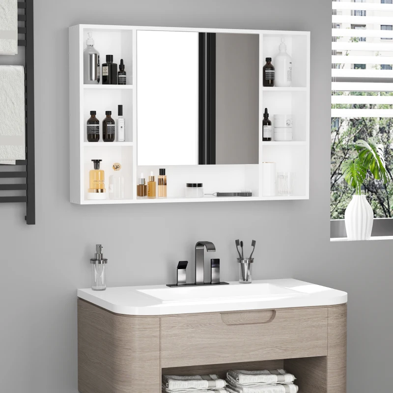 kleankin Armário de Casa de Banho com Espelho Móvel de Casa de Banho Suspenso com Porta Prateleiras Abertas 100x15x70 cm Branco