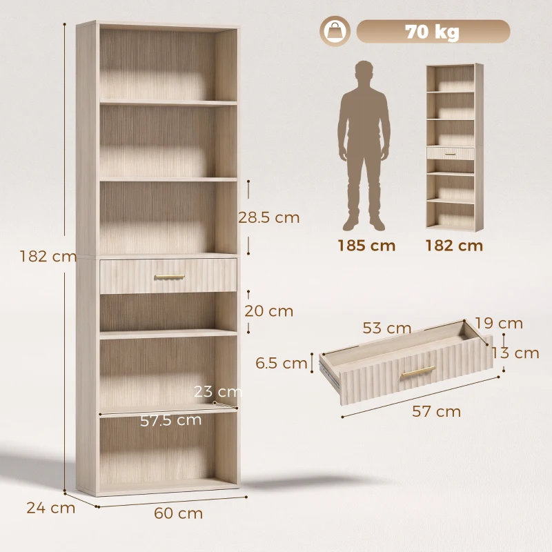 HOMCOM Bookcase Narrow Tall Space-Saving Bookshelf Drawer Open Shelves 60 x 24 x 182 cm Oak Wood Effect