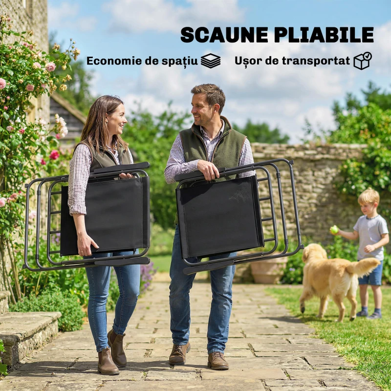 Outsunny Set Grădină 8 piese cu Umbrelă, 6 Scaune Pliabile și Masă din Sticlă Temperată, Negru
