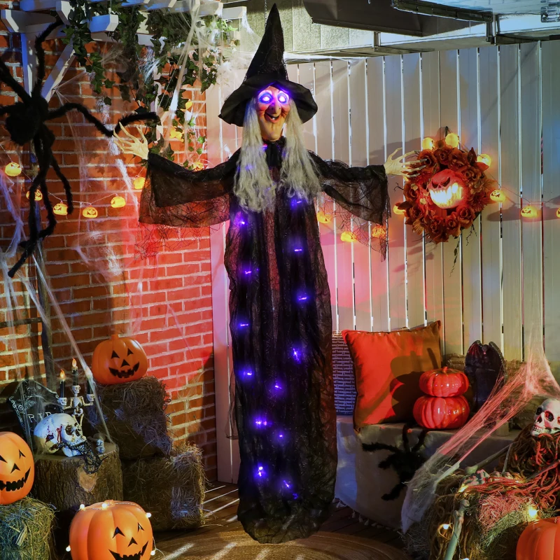 Outsunny 183 cm Life Size Halloween Animated Hanging Witch with Glowing LED Eyes & Body, Spooky Witch Scary Halloween Decorations, Battery Operated, Indoor Party Props