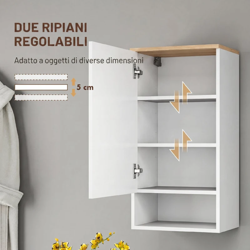 HOMCOM Pensile Bagno, Mobile Bagno Salvaspazio Sospeso con Anta, 3 Ripiani e Vano Aperto, 2 Ripiani Regolabili, Senza Maniglie, Bianco
