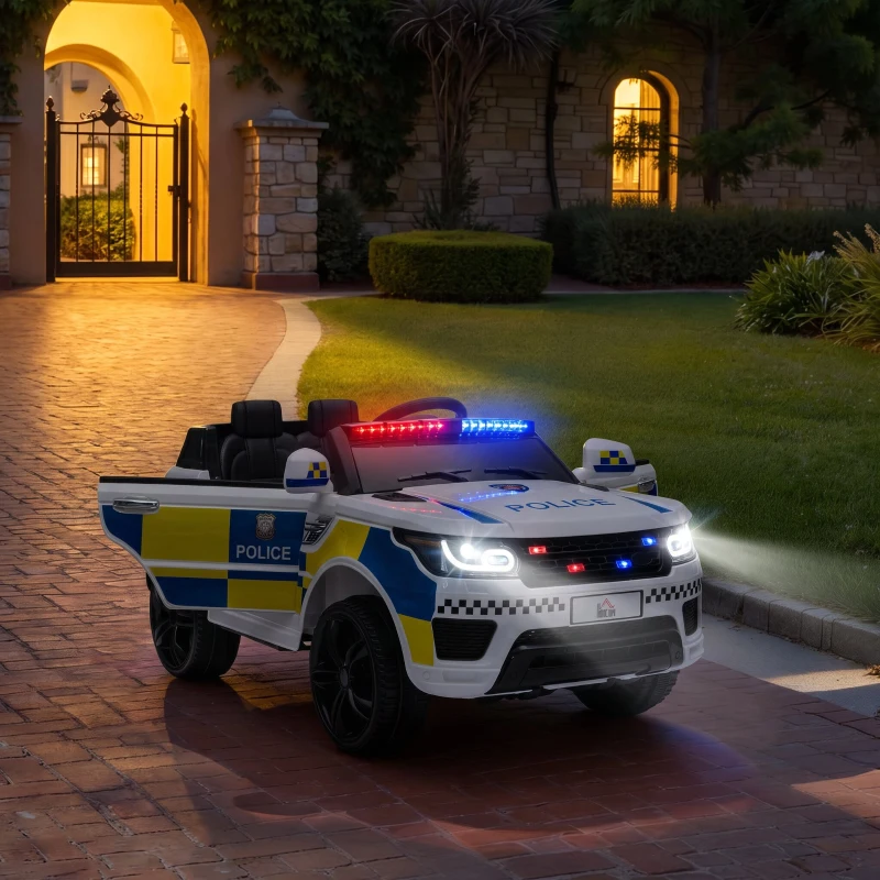 HOMCOM Carro Elétrico Crianças 12V Policial com Bluetooth USB Luz Sirene 110x68x52 cm Brincar Infantil Branco