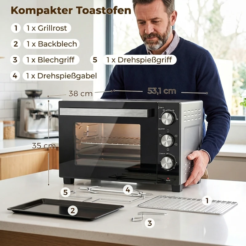 HOMCOM 36 L minioven met hetelucht, 90-230 °C temperatuurregeling, 1500W
