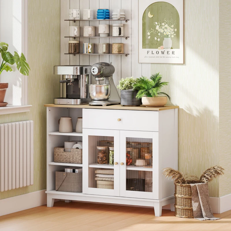HOMCOM Aparador para Salón con 2 Puertas de Vidrio Cajón Compartimentos Abiertos y Estantes Ajustables 100x35x80,3 cm Blanco