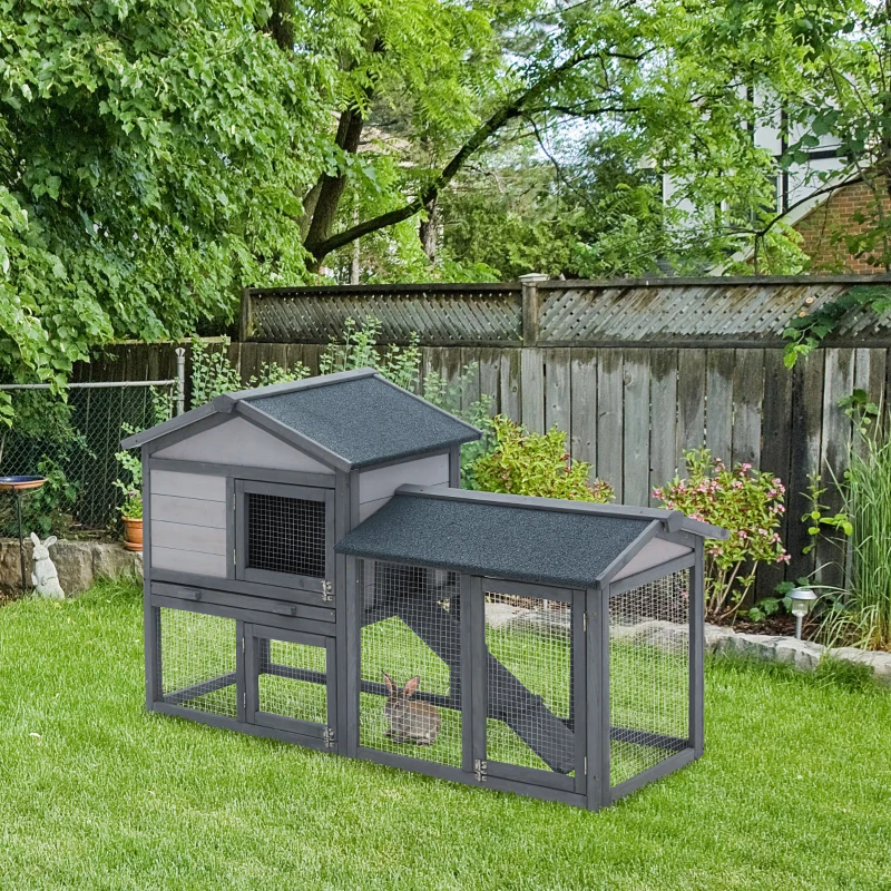 PawHut Clapier cage à lapins rongeurs 2 niveaux clapier lapin nain avec 3 portes verrouillables tiroir à déjection toit intégral bitumé 147L x 54l x 84H cm bois massif pin gris
