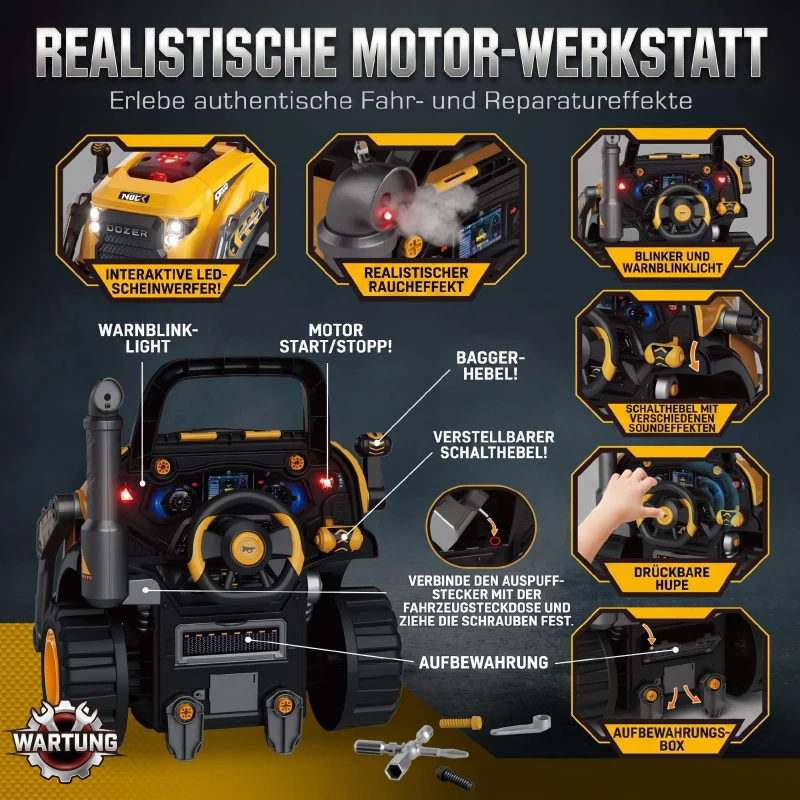 AIYAPLAY Motorspeelgoed voor kinderen, 68-delige graafmachine-autoreparatieset met licht, geluid, nevelfunctie, stuur en claxon, geel