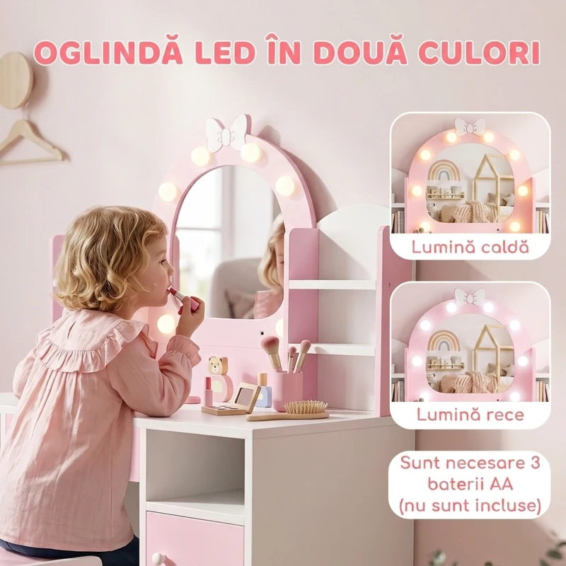 AIYAPLAY Set măsuță de toaletă pentru fetițe 2 în 1, cu taburet și oglindă, lumini în 2 culori, sertar și rafturi, roz