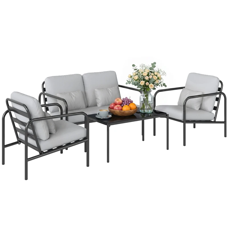Outsunny Set de mobilier de grădină 4 piese, set de mobilier exterior din oțel, canapea 2 locuri, 2 fotolii, masă cu blat din sticlă, perne confortabile, gri deschis