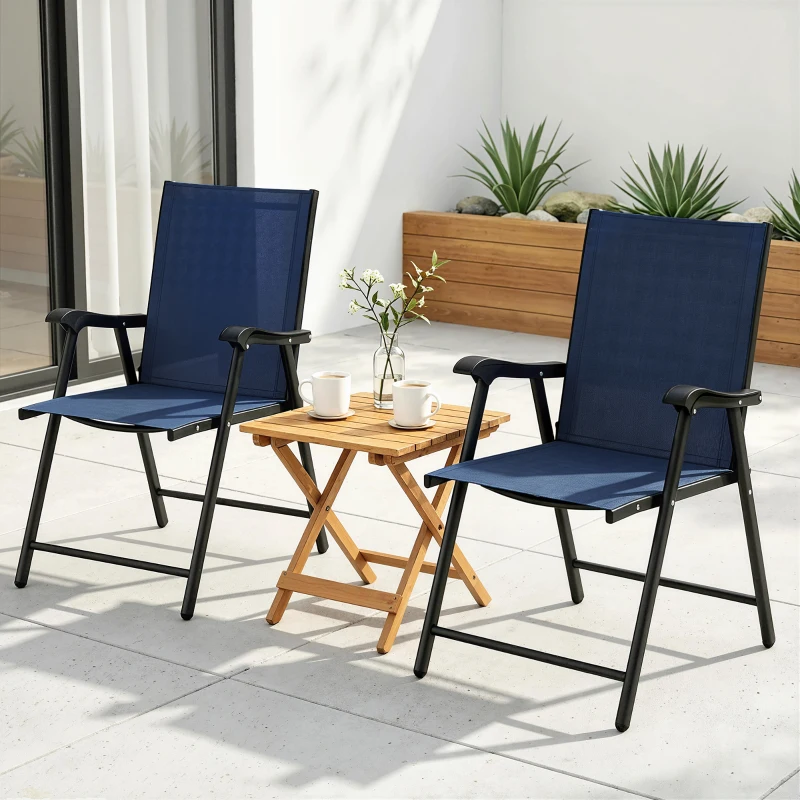 Outsunny Folding Garden Chairs Set of 2, Foldable Garden Dining Chairs with High Back, Armrests, Texteline Seat, Navy Blue