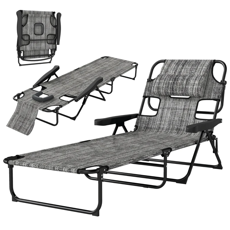 Outsunny Espreguiçadeira de Jardim Dobrável com Encosto Ajustável em 4 Níveis, Orifício de Leitura e Apoio para Cabeça 145x72x89 cm Cinzento