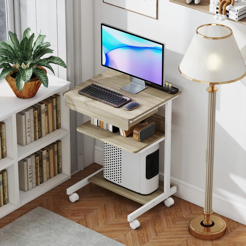HOMCOM Scrivania PC con Cassetto Scorrevole, 2 Ripiani e 4 Rotelle, in Legno e Metallo, 56x51x79 cm, Bianco e Rovere