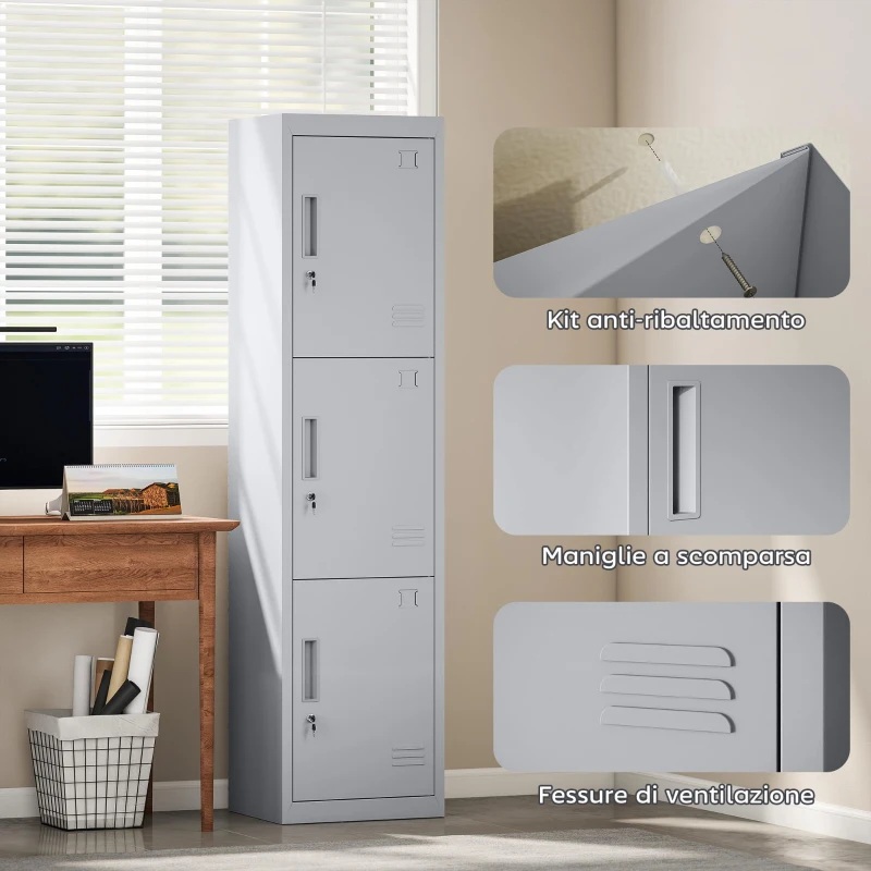 HOMCOM Armadio per Ufficio in Acciaio a 3 Porte Indipendenti con Serratura e 2 Chiavi, 45x38x180 cm, Grigio Chiaro