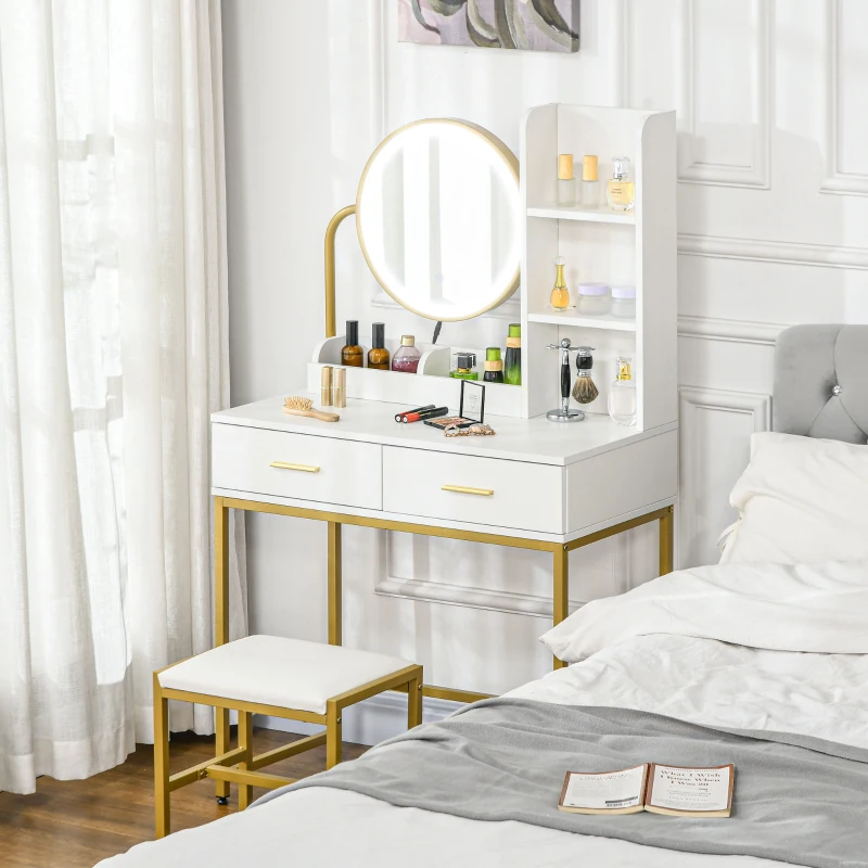 HOMCOM Toeletta Tavolo Trucco con Specchio Illuminato a LED e Sgabello, Cassetti e Ripiani, Bianco