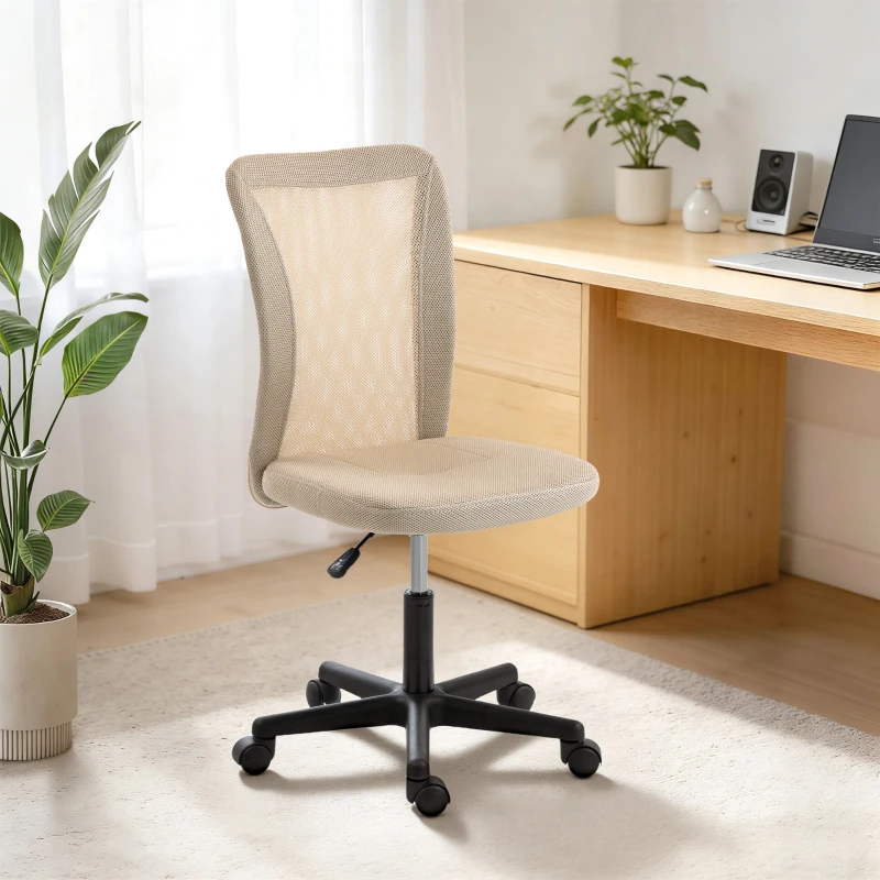 Vinsetto Computer Desk Chair, Mesh Office Chair with Adjustable Height and Swivel Wheels, Armless Study Chair, Beige