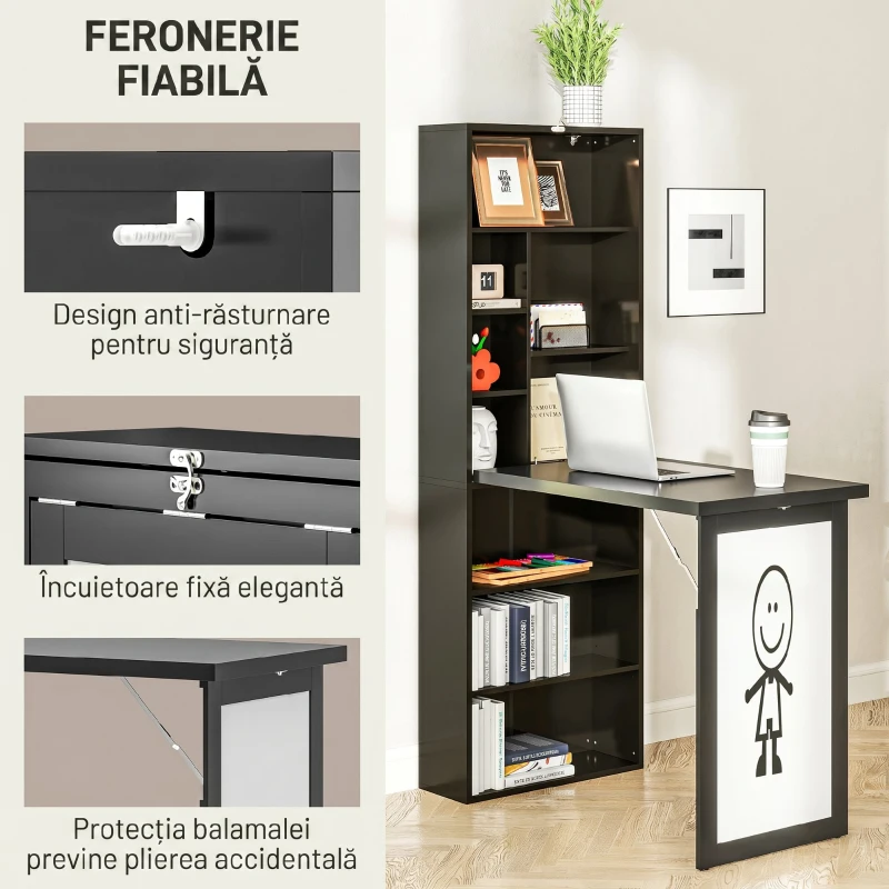 HOMCOM Birou Modern Pliabil cu Bibliotecă și Tablă, din Lemn și Metal, 98x51x153 cm, Negru