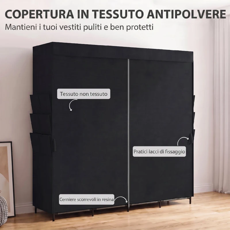 HOMCOM Armadio in Tessuto Salvaspazio con 5 Aste, 4 Ripiani, 6 Tasche Laterali, 170x45x167 cm, Nero