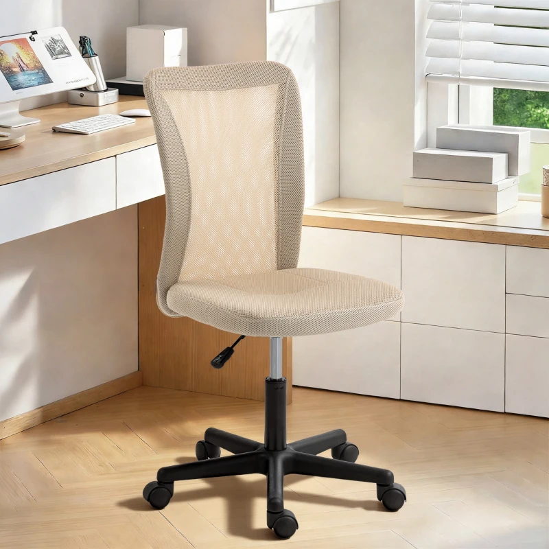 Vinsetto Computer Desk Chair, Mesh Office Chair with Adjustable Height and Swivel Wheels, Armless Study Chair, Beige