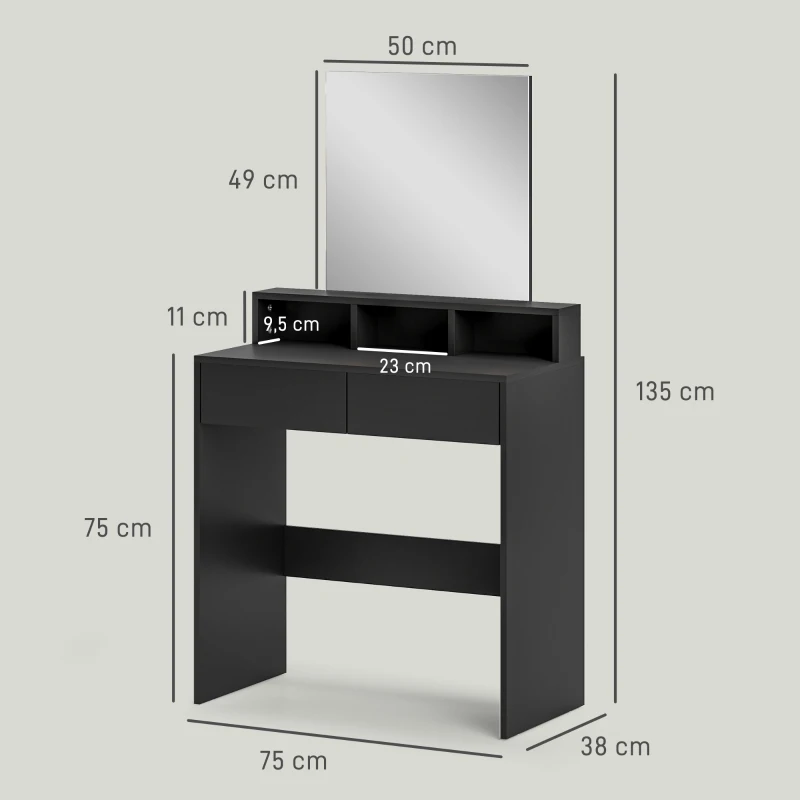 HOMCOM Mesa de Maquillaje con Espejo 2 Cajones 3 Compartimentos Tocador para Dormitorio 75x38x135 cm Negro