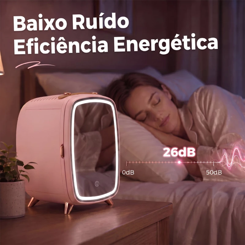 HOMCOM Mini Frigorífico para Cosméticos com 6 L, Porta com Espelho e Luzes LED Ajustáveis, Rosa, 24,3 x 19,4 x 35,6 cm