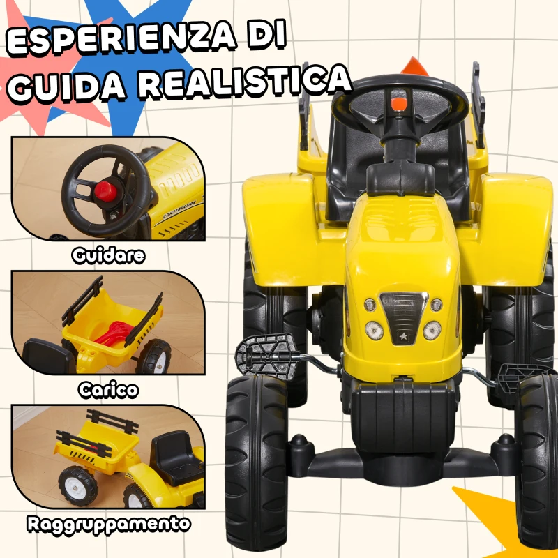 HOMCOM Trattore a Pedali per Bambini da 3+ Anni con Rimorchio, Rastrello, Pala e Clacson, Giallo