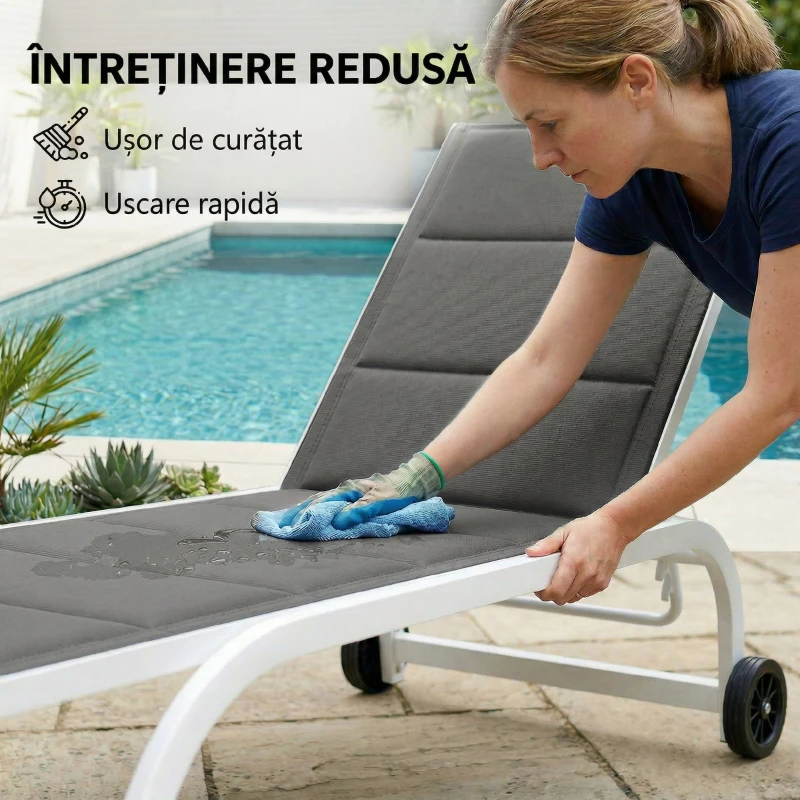 Outsunny Șezlong cu Roți, Spătar Reglabil, Cadru din Aluminiu, Cu Capitonare, Greutate Maximă 120 kg, Alb