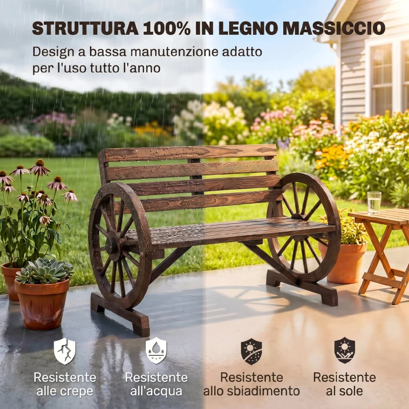 Outsunny Panchina da Giardino 2 Posti a Doghe con Braccioli a Ruota di Carro, in Legno, 105.5x56x79 cm, Marrone Bruciato