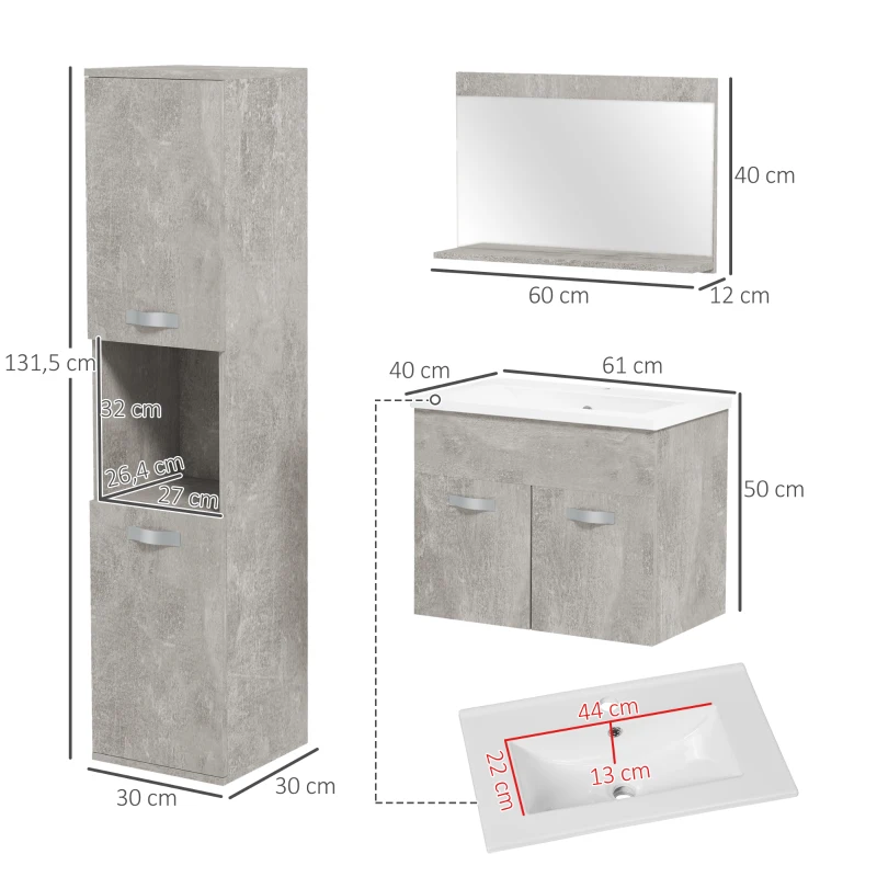 kleankin Conjunto de Muebles de Baño de Pared 3 Piezas Incluye Espejo Armario con Lavabo Cerámico y Columna Auxiliar de Baño Gris