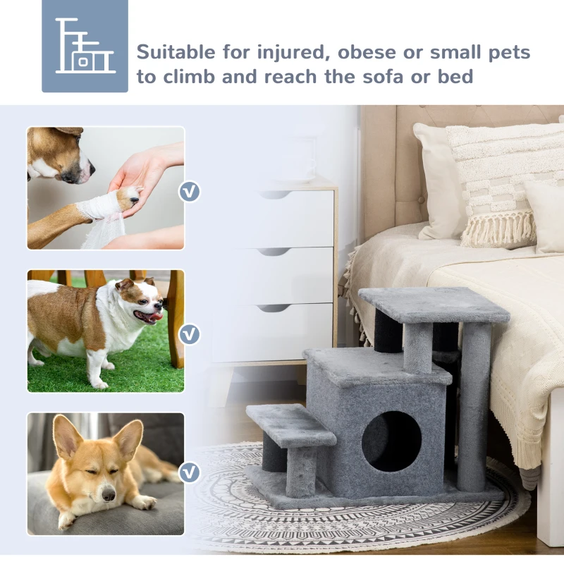 PawHut Adjustable Cat Steps, with House & Hanging Toy Ball - Grey
