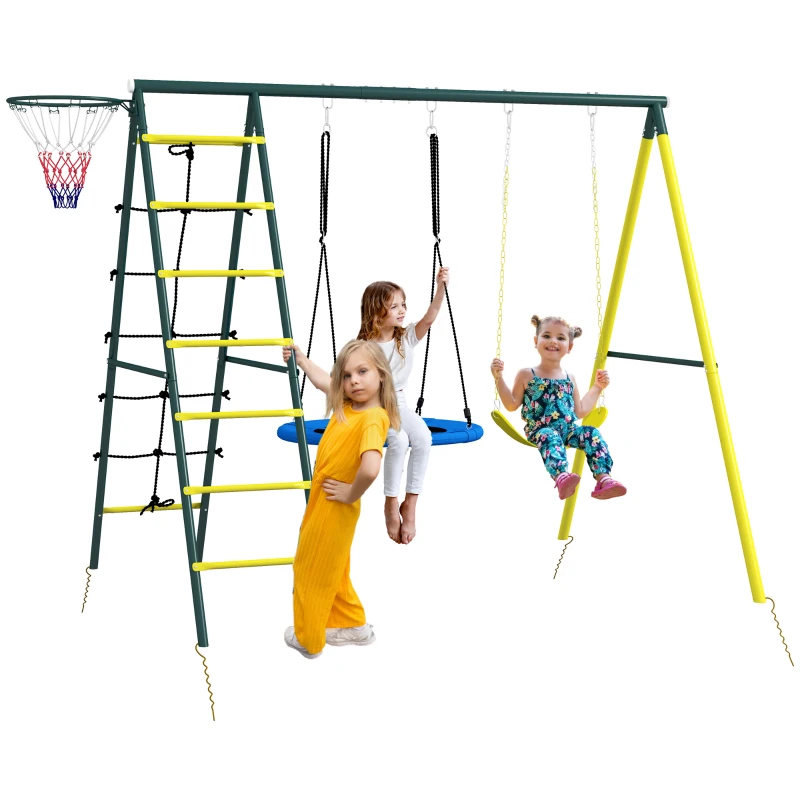 Outsunny Kinderschaukel-Gerüst mit 2 Schaukeln, Basketballkorb, Kletterleiter, 267x180x202 cm, Gelb