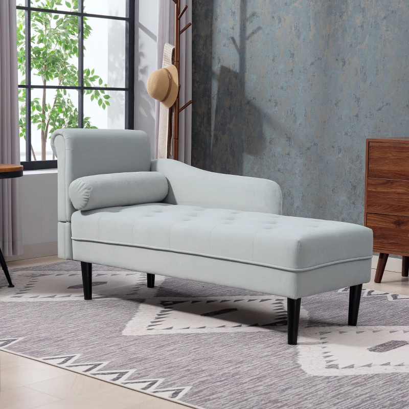 HOMCOM Chaise Longue con Rivestimento Trapuntato Effetto Velluto Grigio, in Legno Massello e Spugna, 146x61x82.5 cm