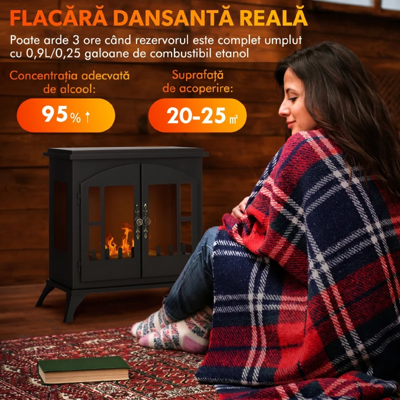 HOMCOM Șemineu pe Bioetanol din Oțel Inoxidabil cu Arzător de 0,9L pentru 3 Ore de Funcționare, 55x31x55cm, Negru