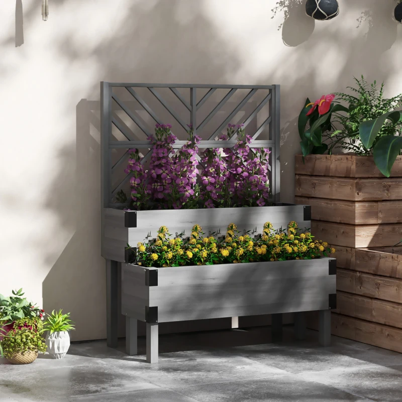 Outsunny Raised Garden Bed with Trellis, 2-Tier Wooden Elevated Planter Box  for Vegetables, Flowers, Herbs, Grey