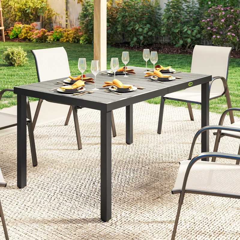 Outsunny Table de jardin pour 4 à 6 personnes, table à manger extérieure avec plateau à lattes, 140 x 90 x 74 cm, gris